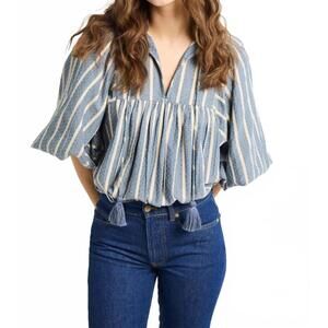 NEW MILLE charlie billowy long sleeve top in chambray stripe